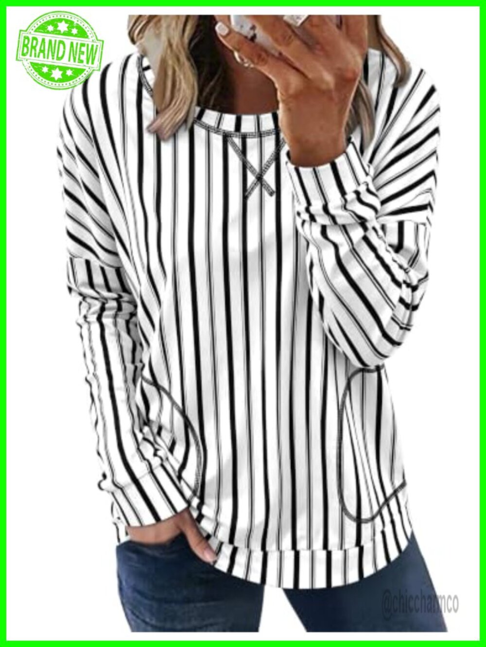 Womens Cotton Blend Striped Long Sleeve Pocket Tunic Top Casual Loose Fit